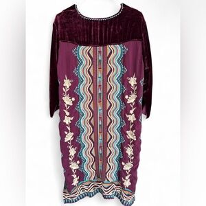 Women's Johnny Was Yucatan Embroidered Back‎ Velvet Tunic Dress Medium Boho Chic